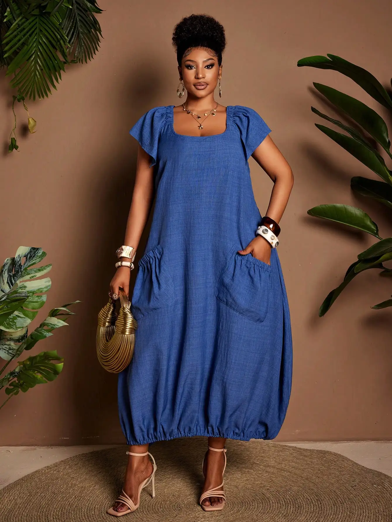 

Plus Size Women Casual Solid Color Linen Blend Dress With Pockets And Ruffle Sleeves
