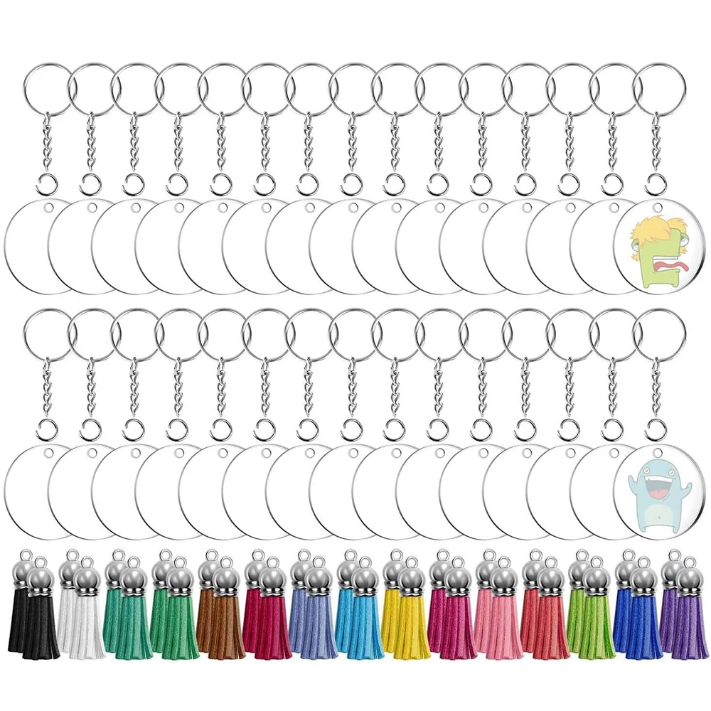 

200PCS Acrylic Clear Circle Discs Keychain Set Round Clear Discs Circles Colorful Tassel DIY Crafting Vinyl Projects