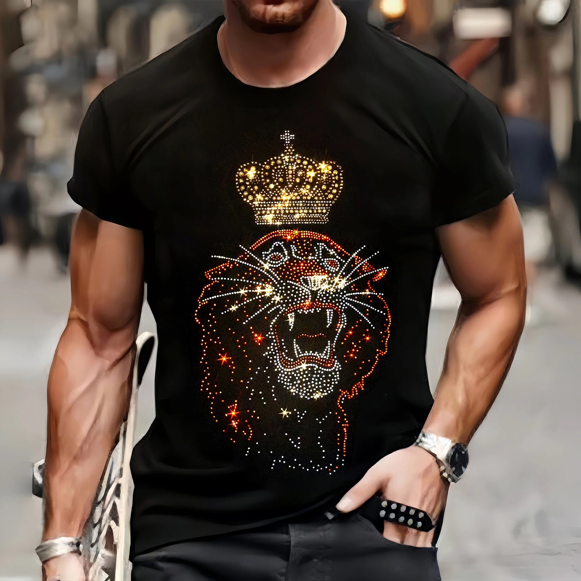 S-3XL Luxury Mens Quality T-Shirts Autumn Casual Street Short Sleeve Clothing Tee Tops O-Neck Tiger Rhinestone Campus Tshirt Y2k