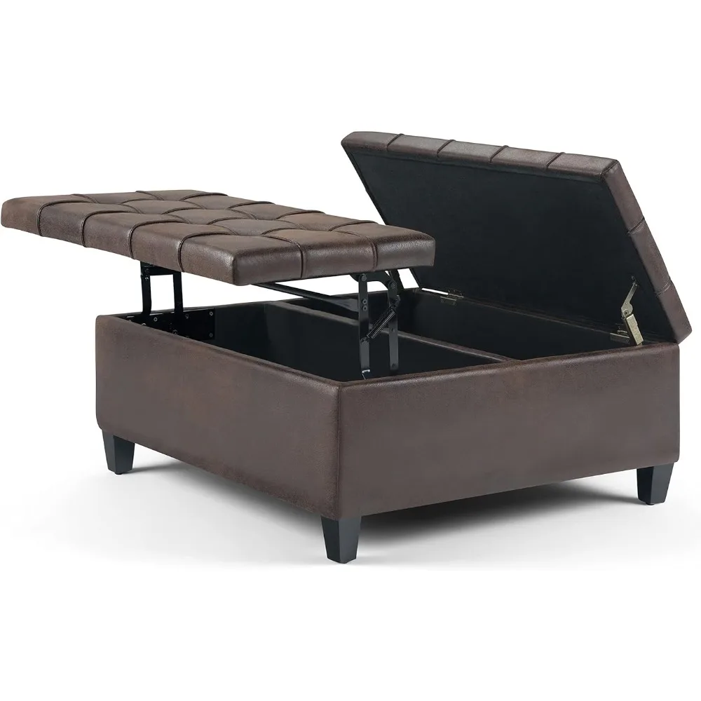 

Harrison 36 Inch Wide Square Coffee Table Lift Top Storage Ottoman in Upholstered Distressed Brown Tufted Faux Leather