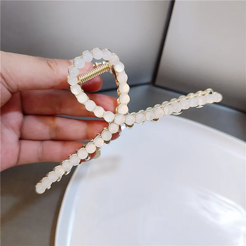 Korean Style Temperament Colored Glaze Beads Metal Clip 5.3Inch Large Size Summer Girls Back Head Grab Clip Simple Shark Clips