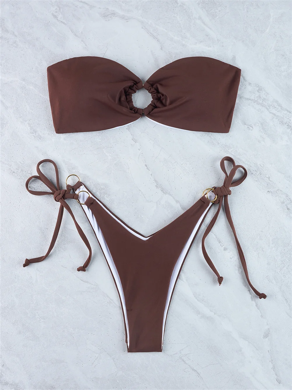 

Sexy Lace Up Bandage Bikinis Set Bandeau Swimsuit Rings String Swimwear Women Separate Beach Thong Bathing Swimming Suit Biquini