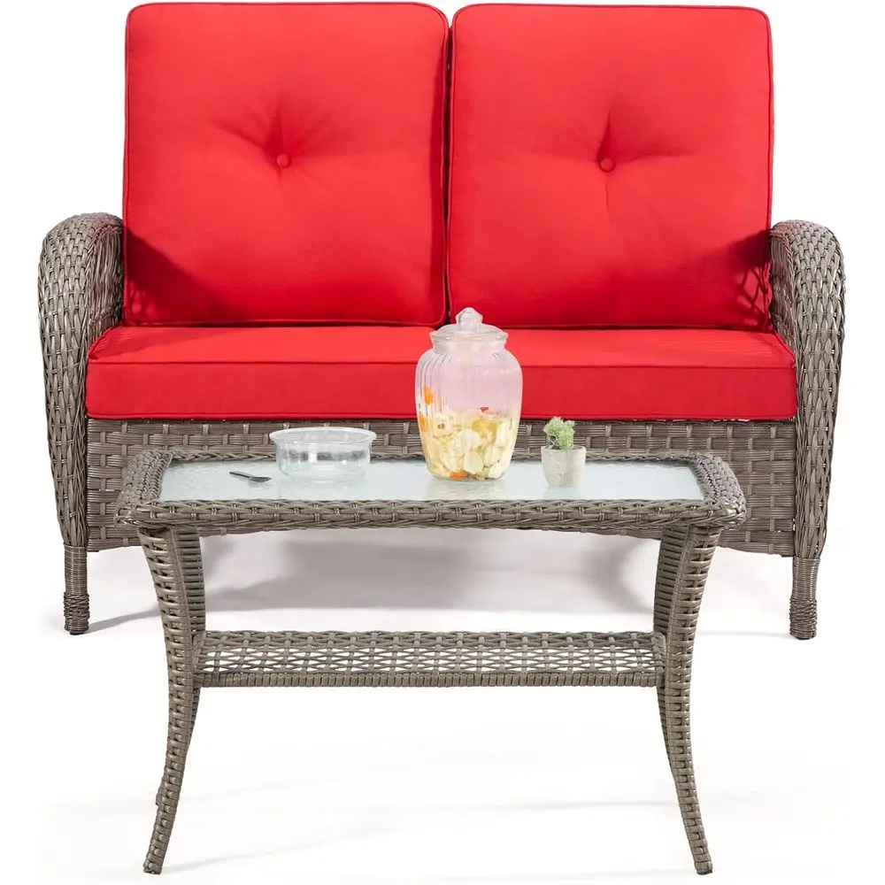 2-Piece Outdoor Wicker Sofa Set with Loveseat and Coffee Table, Weather-Resistant Rattan Furniture with Cushions (Brown/Red)