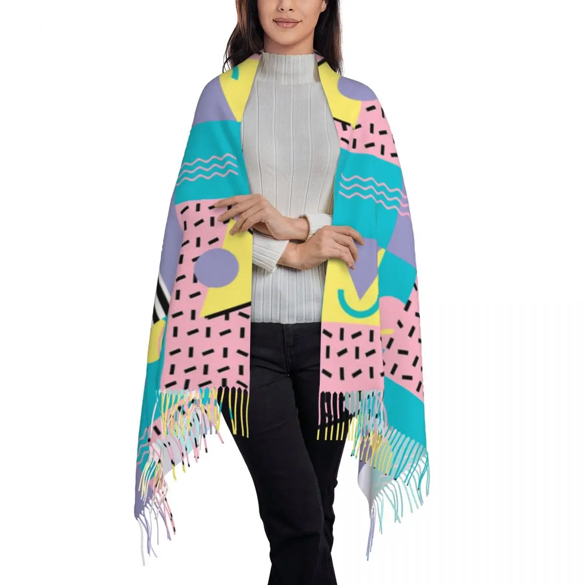 Memphis Design-Écharpe Pashmina pour Femme, Châles et Enveloppes pour Robes de Soirée, Écharpes de Drapeau en Cachemire, Géométrie Moderne, Esthétique