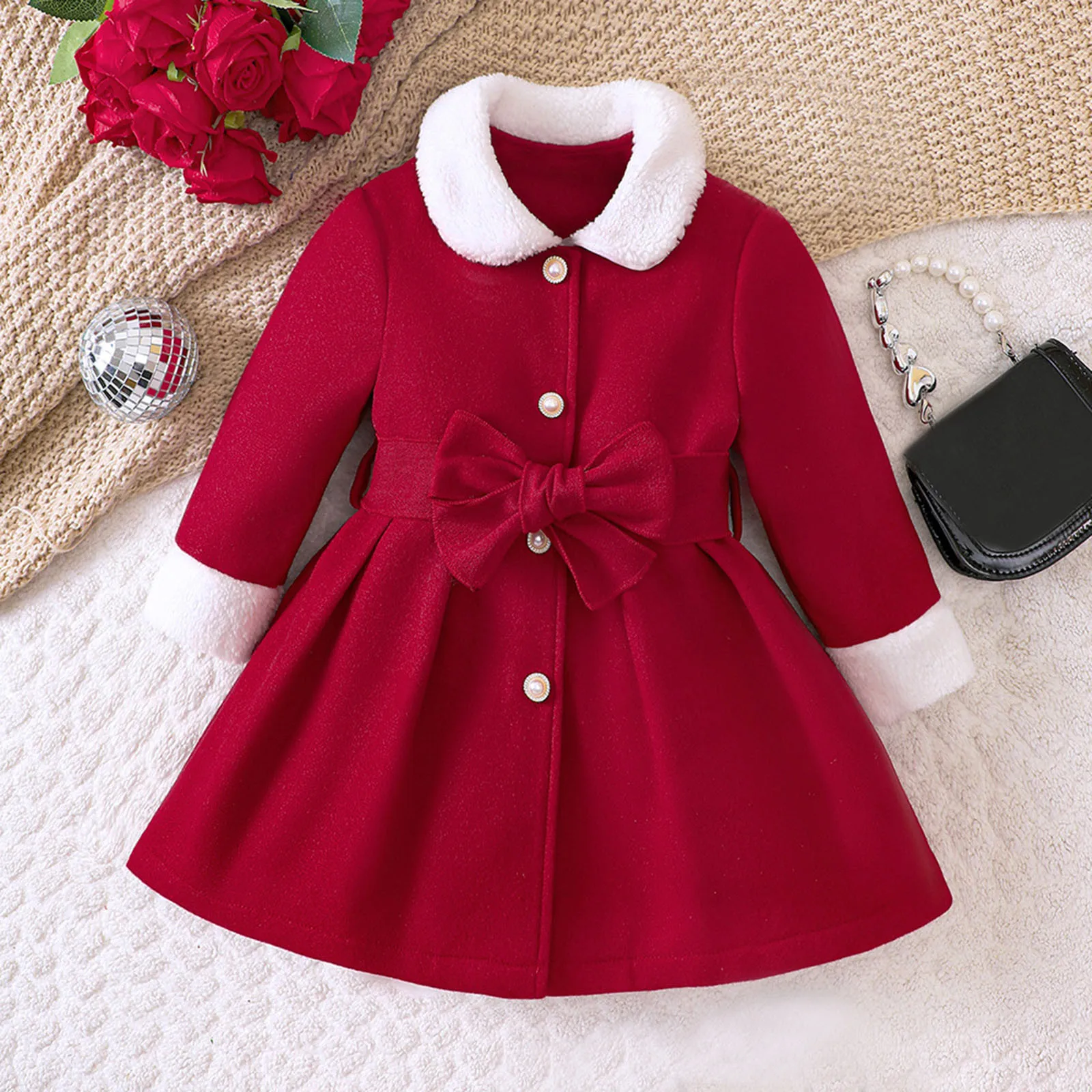 0-5Y Toddler Girls Winter Windproof Coats Red Long Jacket Long Sleeve Turn-down Collar Kids Warm Fleece Outerwear Girl Overcoats