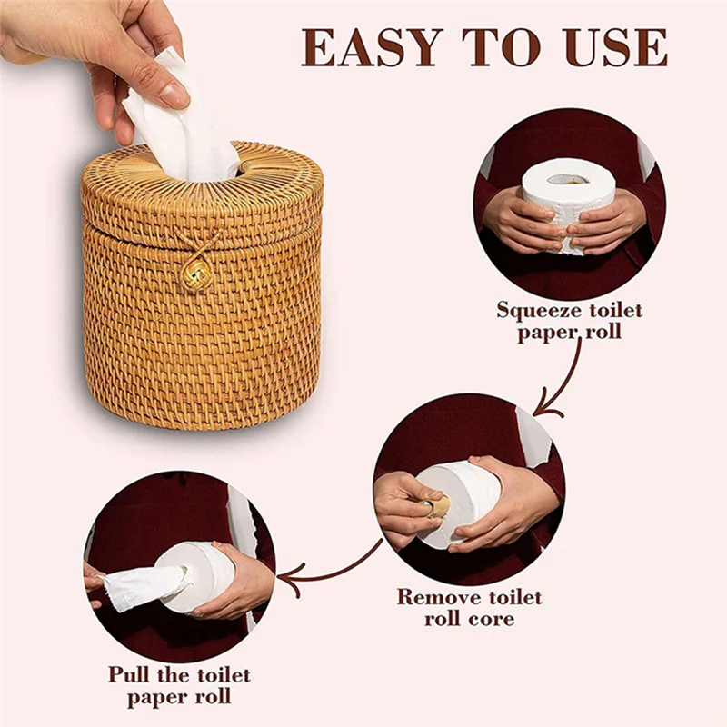 A23E-2Pcs Rattan Tissue Box Toilet Paper Cover Wicker Decorative Holders With Lid For Storage Single Roll And Tissues