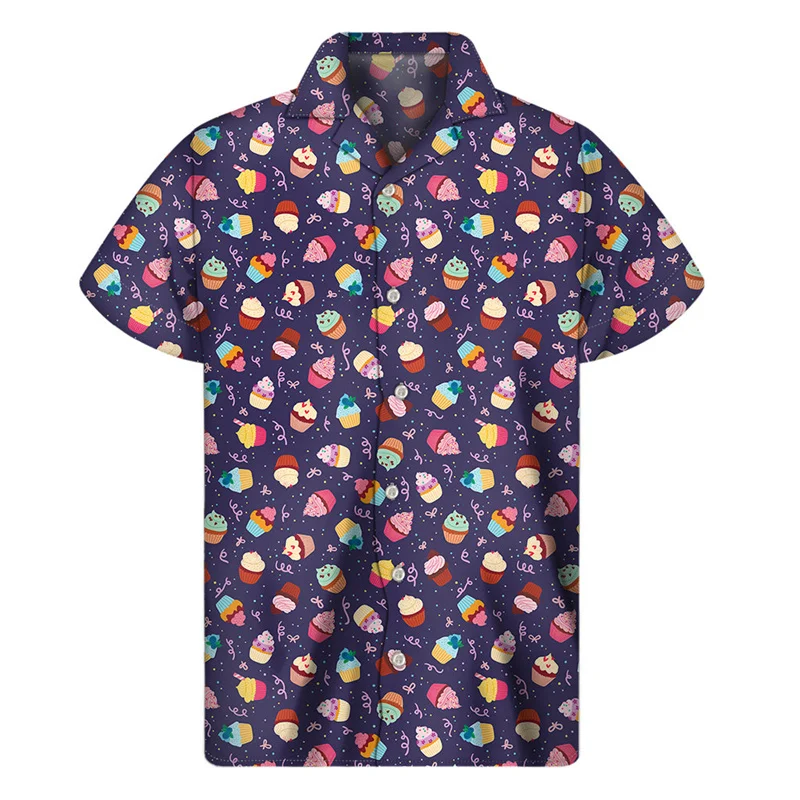 Colorful Cupcake Graphic Hawaiian Shirts Fashion Trend Holidaywear 3D Printed Shirt Summer Lapel Button Mens Loose Casual Blouse