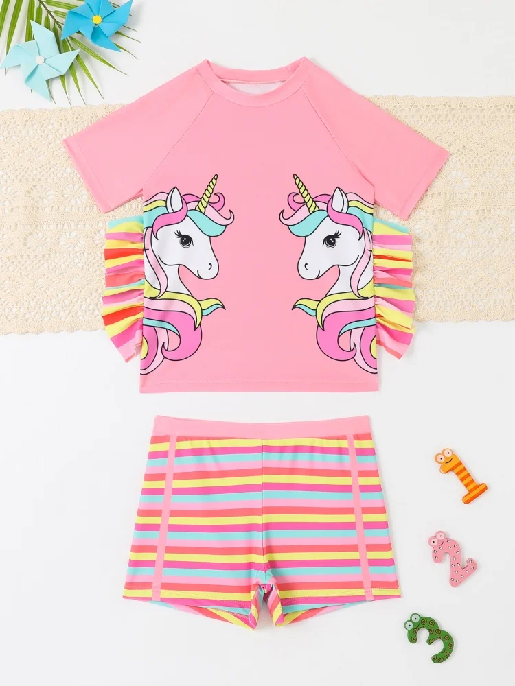 الفتيات الاطفال ملابس السباحة 2026 جديد الوردي قوس قزح الحصان قصيرة الأكمام ملابس سباحة للأطفال الصيف شريط السراويل الشاطئ ثوب السباحة السباحة #2