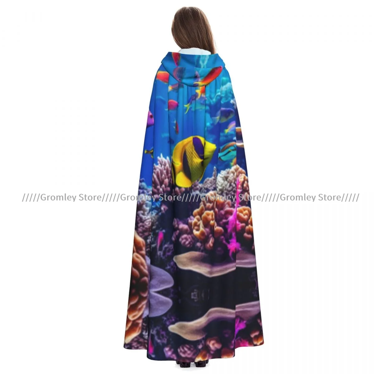 Tropical Fish And Coral Reef Underwater Witch Cloak Hooded Cosplay Costume Halloween Adult Long Party Cape