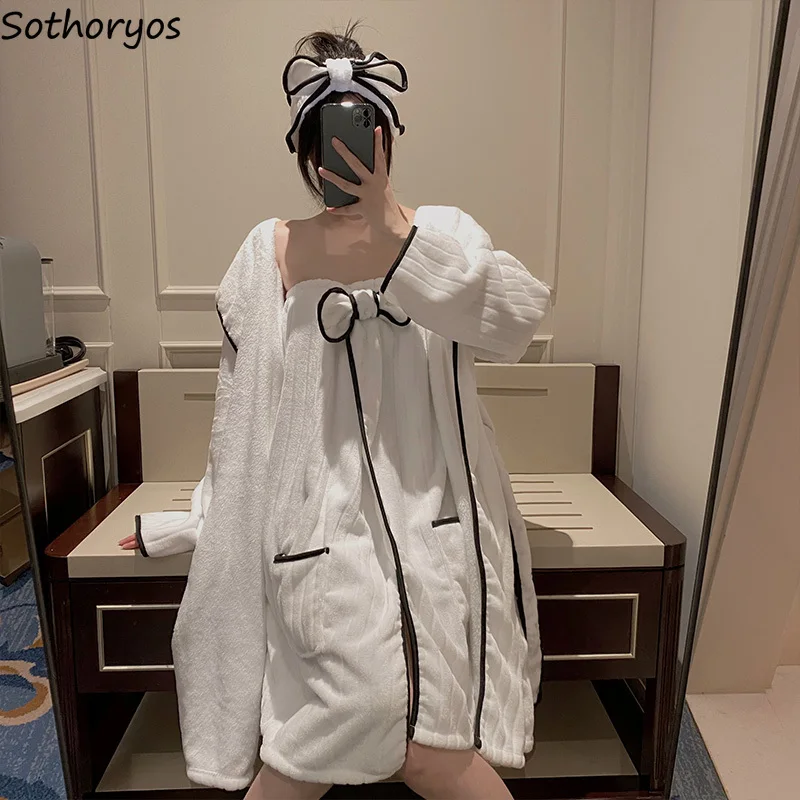 Winter Thicken Robe Gown Sets Women Panelled Warm Casual Bow Design Sweet Sleepwear Furry Girls Cozy Home Pockets Soft 2 Pieces