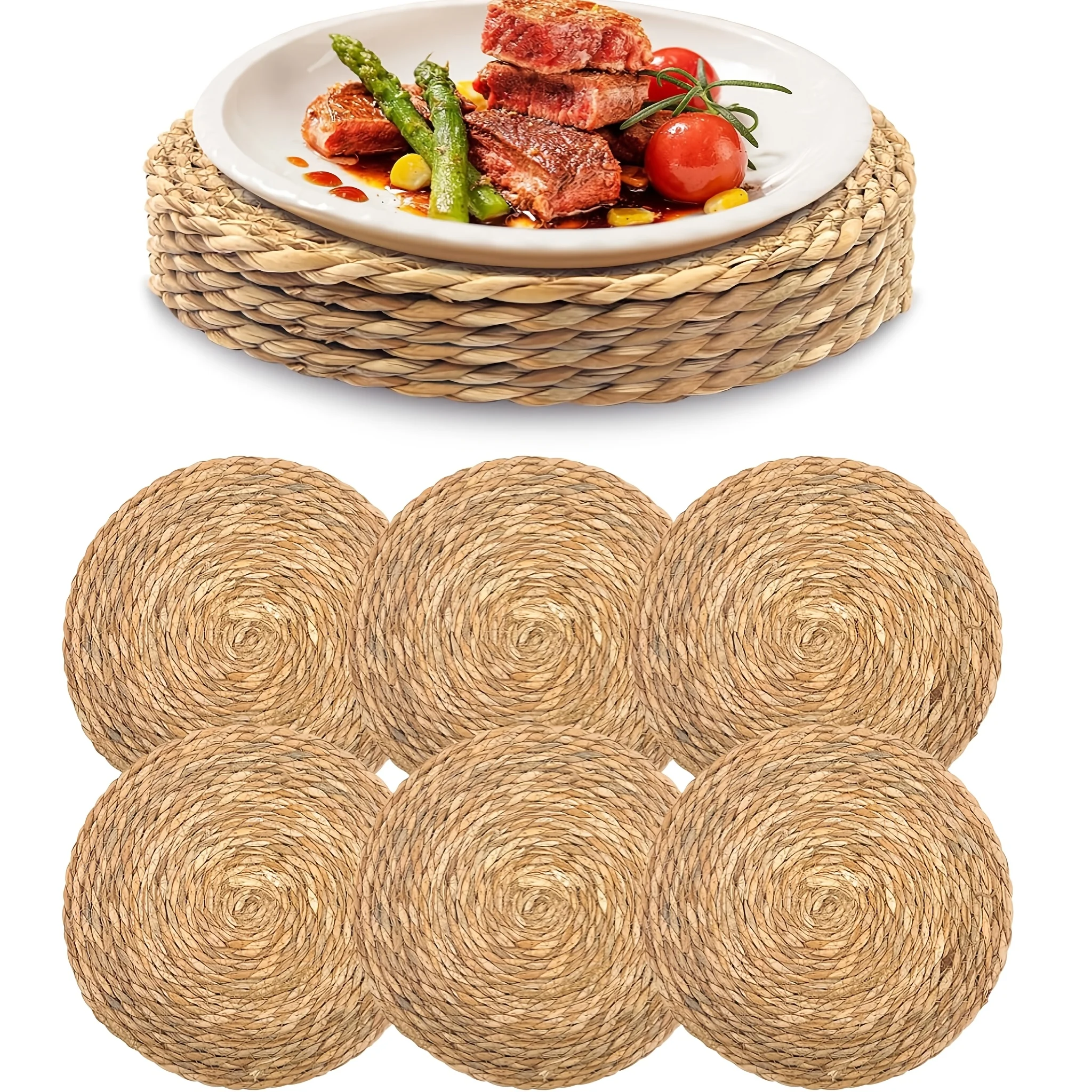 

6pcs Coasters Natural Round Heat-Resistant Table Mats Straw Woven Placemats Woven Bowl Plates Dish Mats Christmas Decorations
