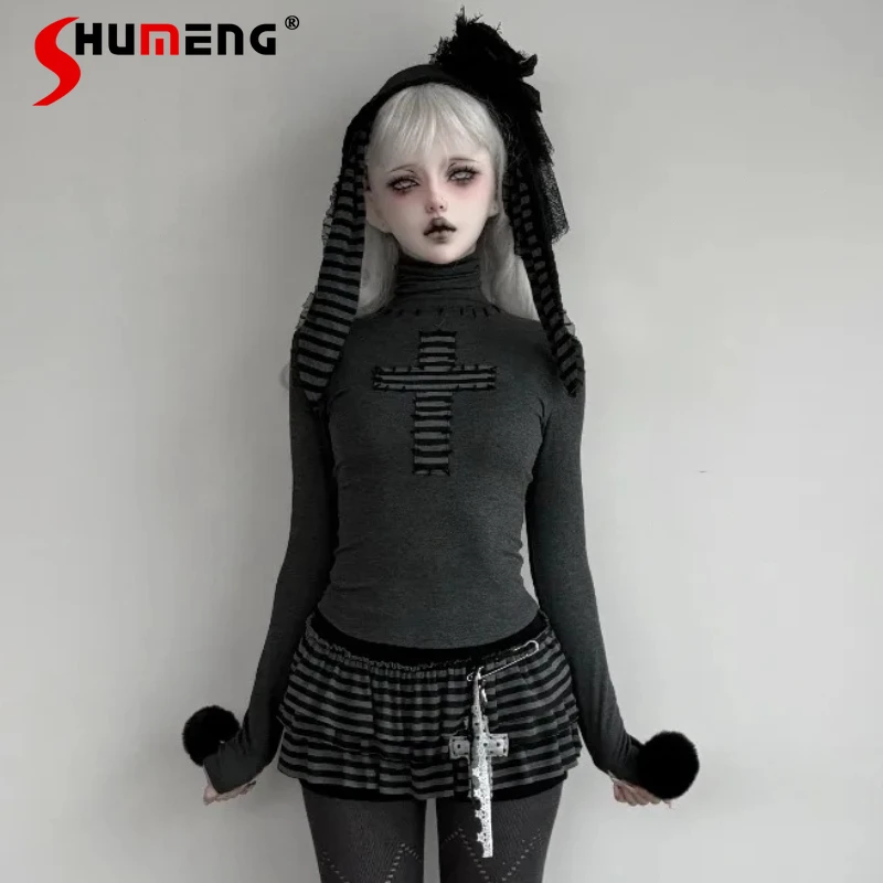 

Japanese Subculture High Neck Gray Top Cross Patchwork Stripe Splice Slim Fit Bottoming Shirt Women's Y2k Long-sleeves Tshirts