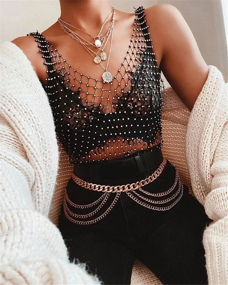 V-Neck See Through T Shirt Shiny Rhinestone Fishnet Hollow Out Women Sexy Crop Top Sleeveless Beach Cover Up Party Tank Tops