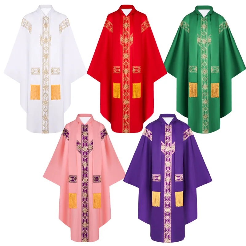 Men Halloween Priest Cosplay Celebrant Chasuble Catholic Church Father Mass Vestments Robe with Tassel Clergy Vintage Baggy Robe
