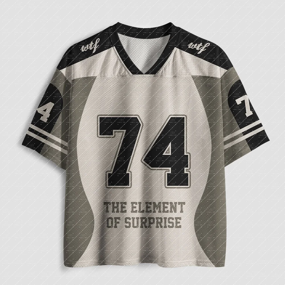 Fußballtrikot mit V-Ausschnitt, große Nummer 74, Überraschungs-Zitat-Print, schwarz-grau-weiß gestreifter Ärmel, lockeres Sport-T-Shirt
