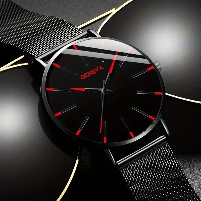 1pc Minimalist Men's Fashion Ultra-thin Stainless Steel Mesh Band Quartz Watch & 1pc Bracelet