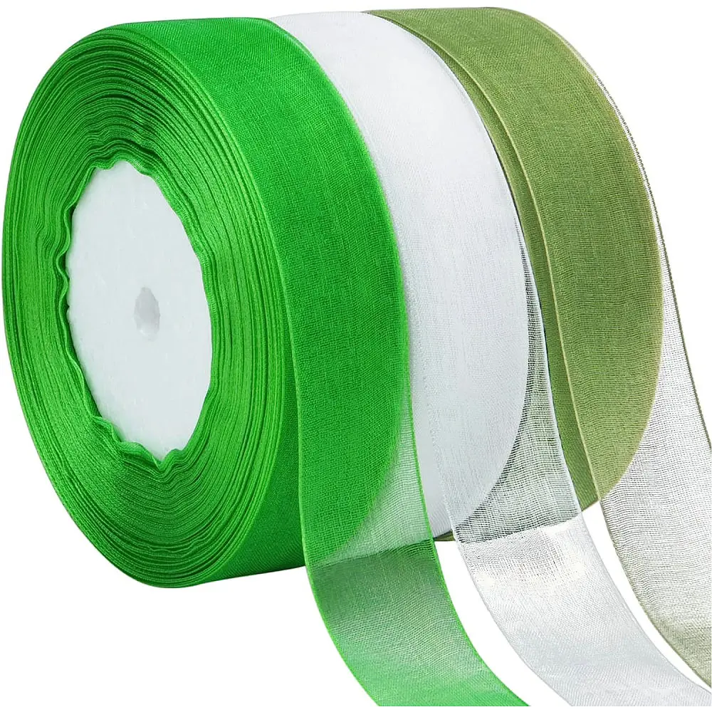 50Yards Sheer Chiffon Organza Ribbon Green White Lace Fabric For DIY Crafts Christmas Halloween Wedding Decoration Gift Wrapping