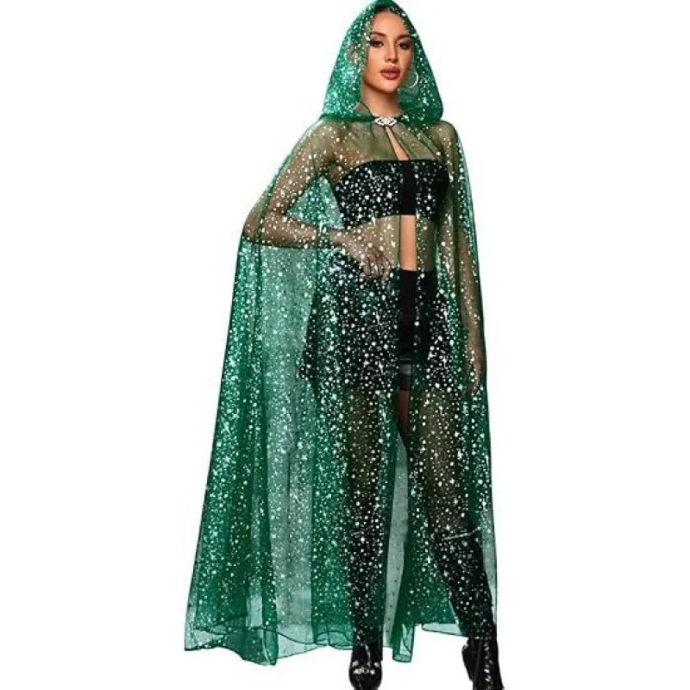 

Creative Gift with Oversized Hood Star Tulle Cape Vintage Black Color Halloween Hooded Cloak Lace-up Cosplay Costume
