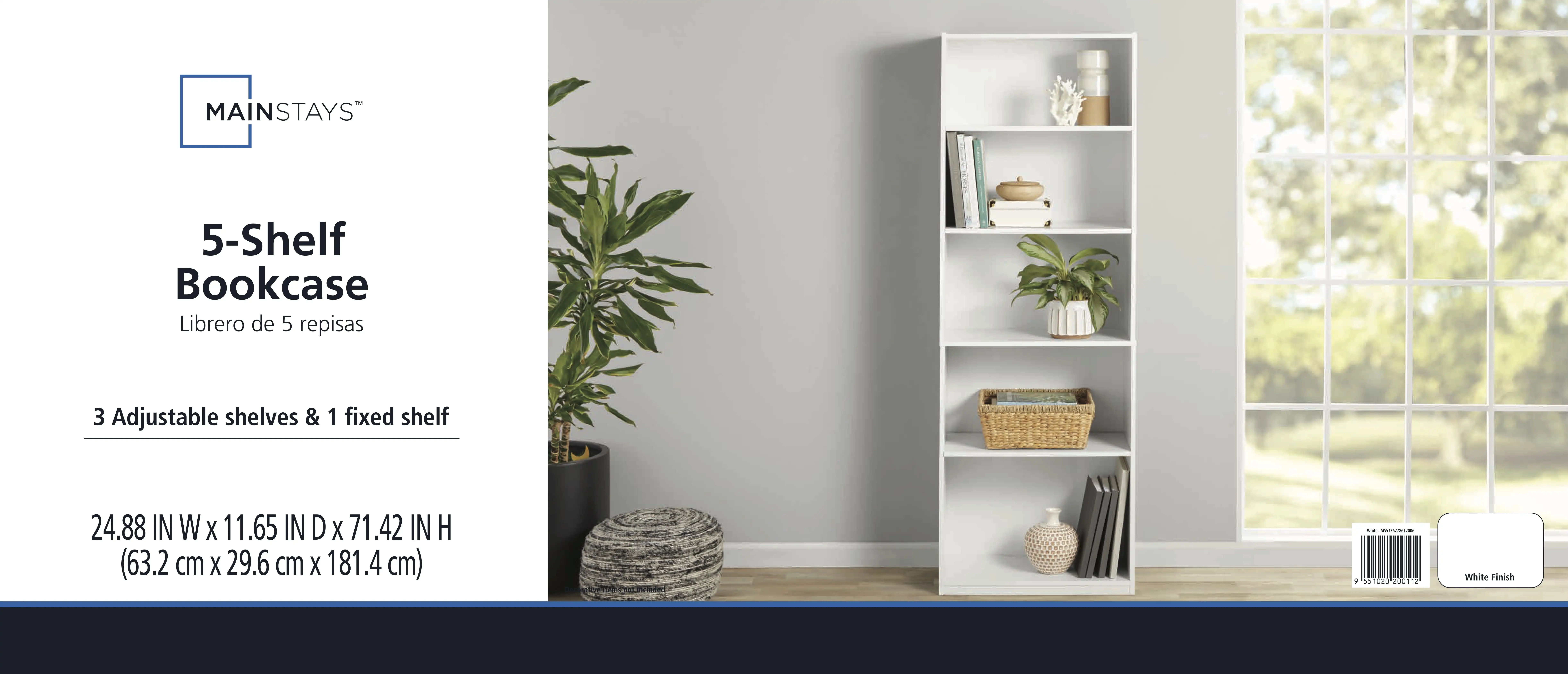 Libreria a 5 ripiani con ripiani regolabili, bianca