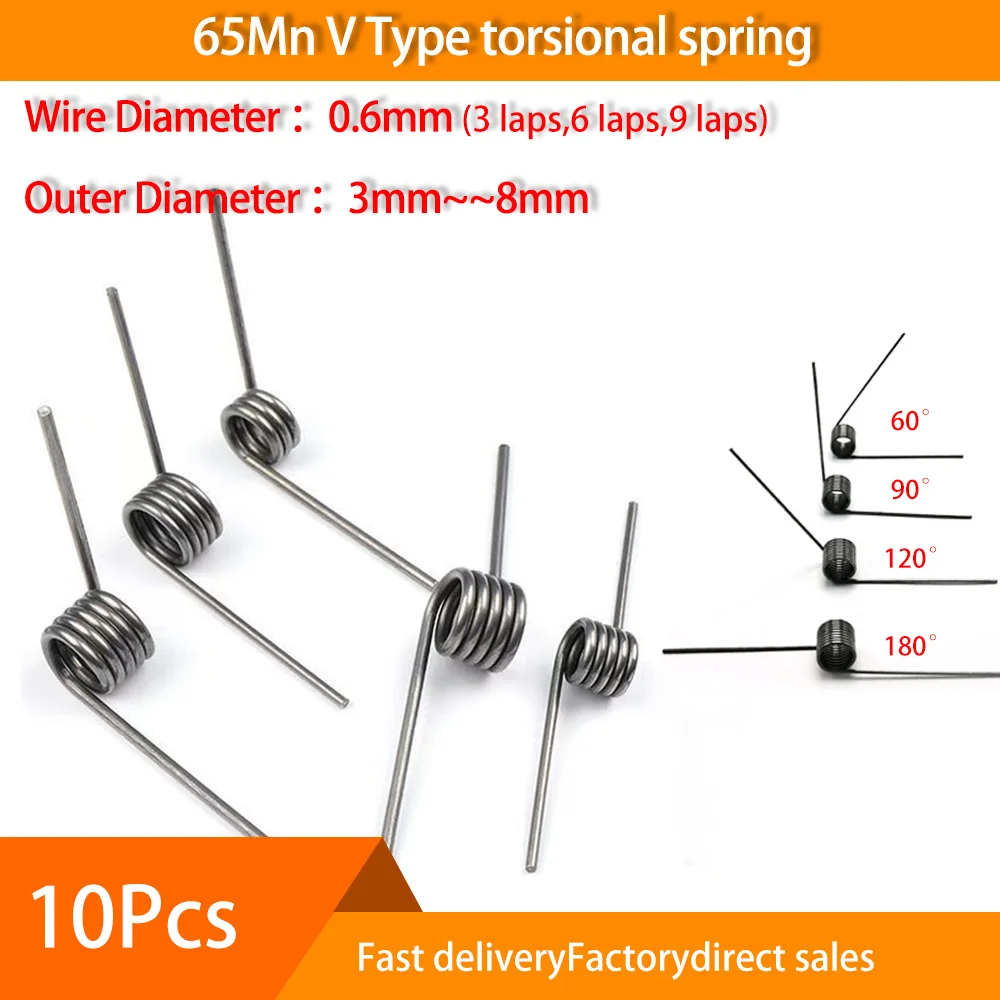 

10Pcs 65Mn torsional spring 0.6mm Wire Diameter V Type Spring 3mm - 8mm Outside Diameter 60/90/120/180 Degree Reset Springs
