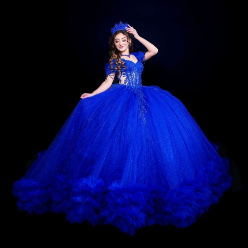 

Королевское синее блестящее платье для квинсеаньеры, бальное платье с открытыми плечами, аппликациями из кружева, бисером, многоярусным тюлем, корсетом, платье для выпускного вечера, платье для 15-летия (Sweet 16), Vestidos 15