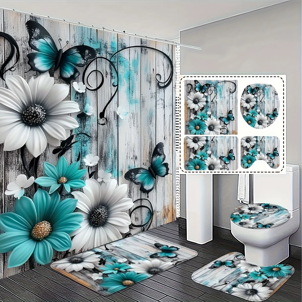 

4 Piece Shower Curtain Set, Stylish and Simple Teal and White Floral Butterfly Bathroom Set