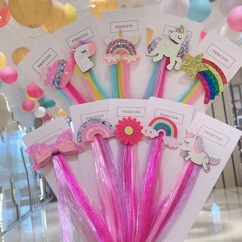 Diademas con lazos para niña, lazos de princesa, pelucas coloridas, pinzas para el pelo de cola de caballo de unicornio, accesorios de regalo para