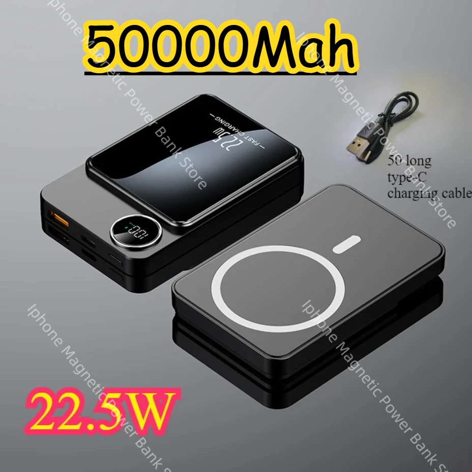 

New 50000 mAh Magnetic Wireless Outdoor Mini Emergency Power Bank 22.5W PD Fast Maximum Charging LED Display for 12-16 Pro Max