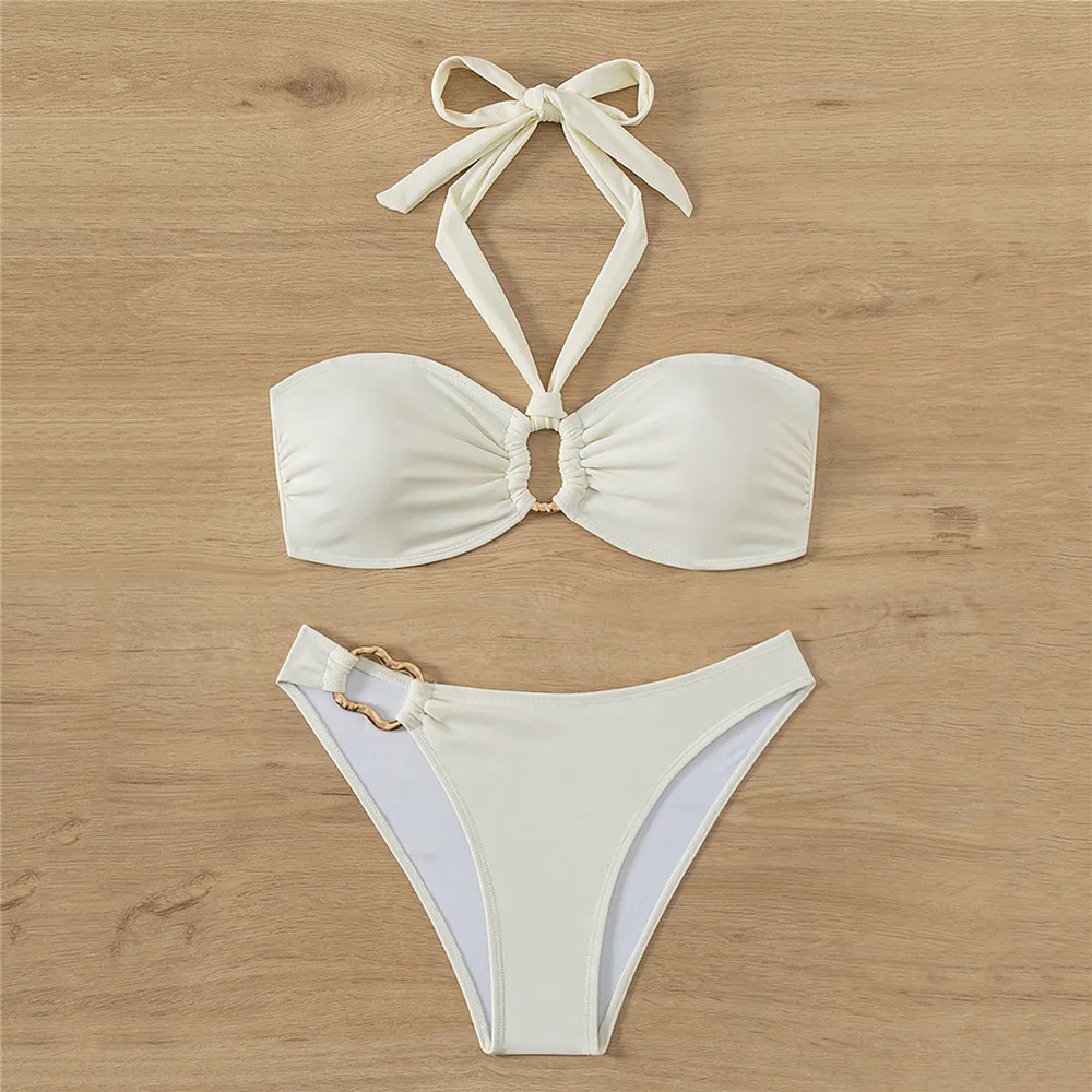 Halter Bandeau Leopard Print Bikinis Sets Woman Metal Ring Swimwear Hollow Out Sexy Swimsuit 2025 Bathing Suit Bikinis De Mujer