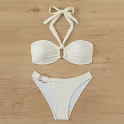 Halter Bandeau Solid White Bikinis Sets Woman Metal Ring Swimwear Hollow Out Sexy Swimsuit 2026 Bathing Suit Bikinis De Mujer