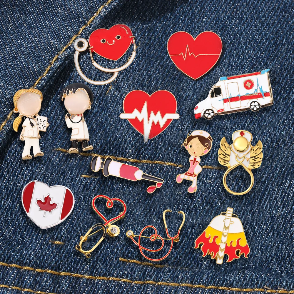 Medical Brooch Exquisite Stethoscope Electrocardiogram Male and Female Doctor Nurse Shape Metal Badge Small Gift Wholesale Pin view 2