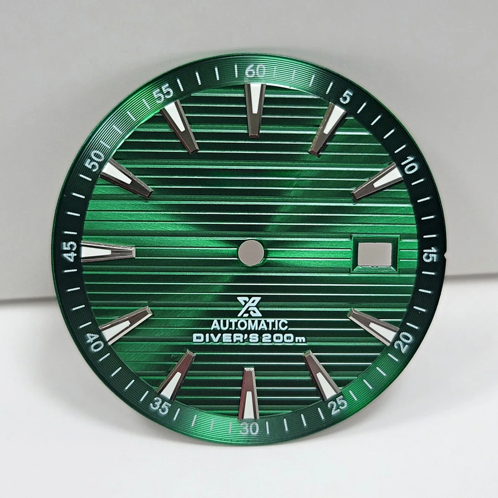 Accessorio per orologio modificato Quadrante letterale da 33,5 mm Bilancia per unghie con striscia verde che si illumina al buio adatta per movimento NH35/364R/7S