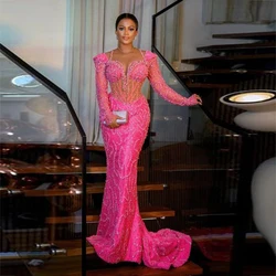 Hot Pink Beading Lace Evening Gowns Saudi Arabia Long Sleeves See Through Mermaid Prom Dress Africanwomen Wedding Party Dress