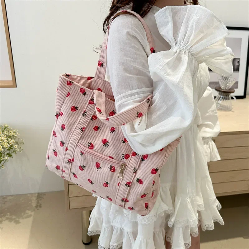 Corduroy Handbag Strawberries Beach Fashionable Versatile Shoulder Bag Large Capacity Simple Commuter Women's Tote Bag Bolsos