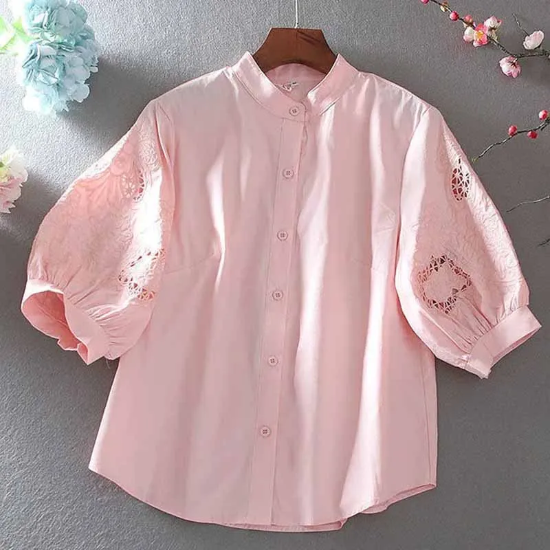 

2024 Summer Pure Cotton Stand-up Collar Hollow Out Embroidered Shirt Women Temperament Loose Fitting Lantern Sleeve Blouse