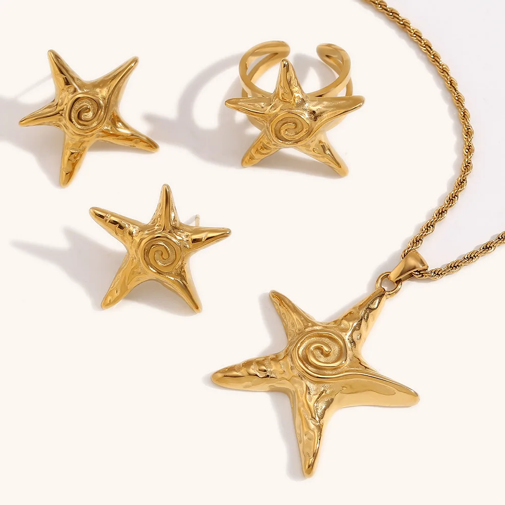 

Fashionable Pleated Five-pointed Star Design Jewelry Earrings Necklace Set Stainless Steel 18k PVD Gold-plated Jewellery