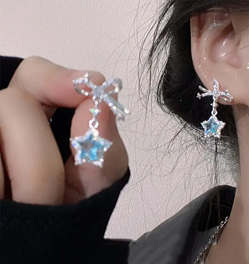 Korean Fashion Blue Zircon Star Stud Earrings for Women Creative Shiny Rhinestone Bowknot Earrings Sweet Girls Jewelry Gifts