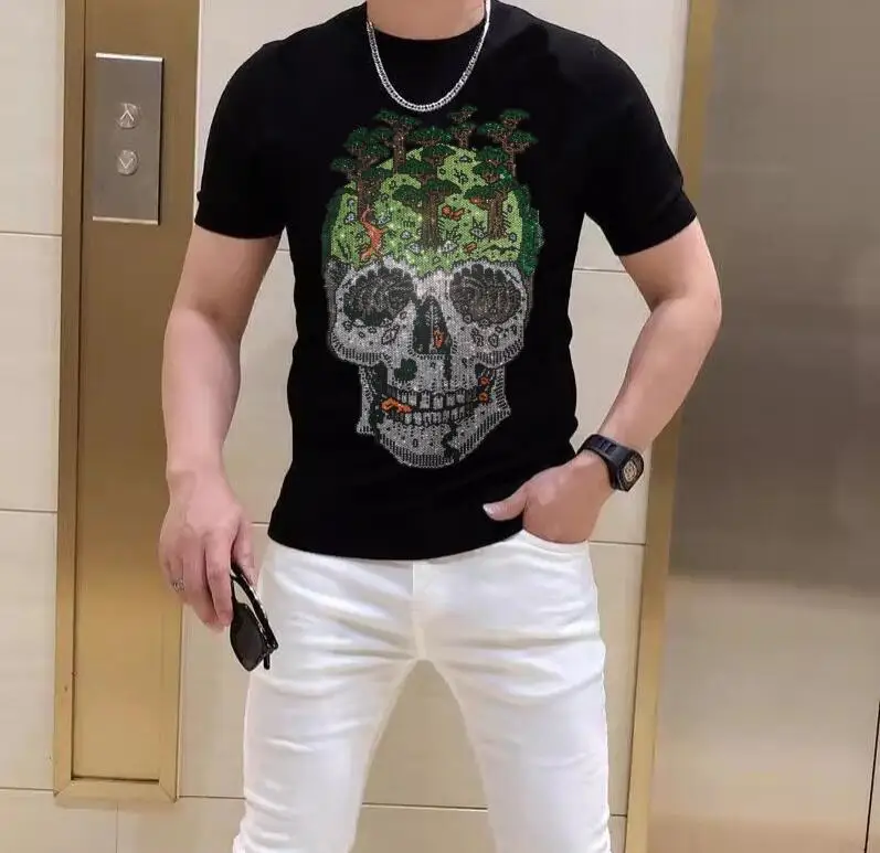 2024 New Skull Rhinestones T Shirts Men Brand Short Sleeve Fashion Man Streetwear O Neck Slim  Cotton Tshirts Plus Size