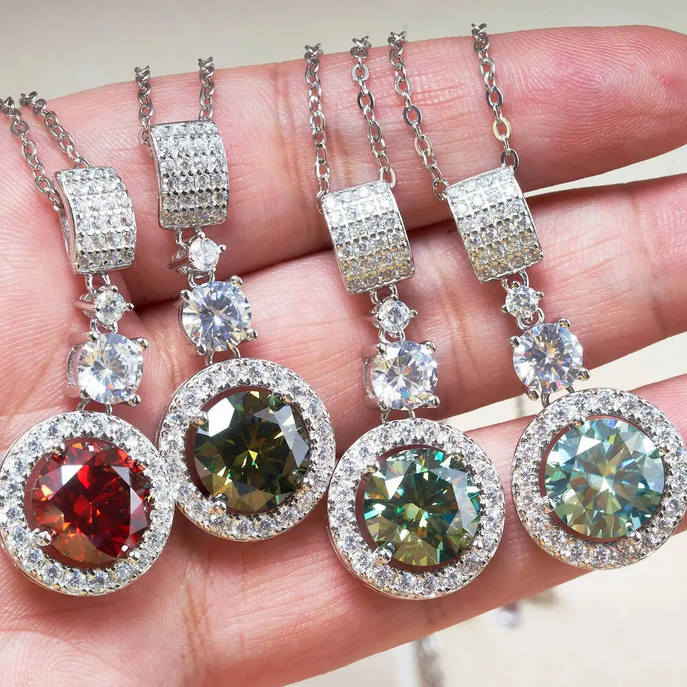 

JoiasHome 5CT D Color VVS BlueGreen Pink Round Moissanite Pendant Necklace With Certificate Trendy Luxury Jewelry Gift For Women