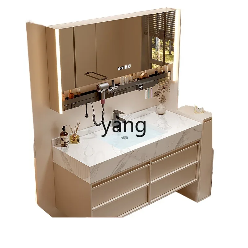 

Lhh modern cream wind bathroom cabinet combination rock slab ceramic seamless integrated basin