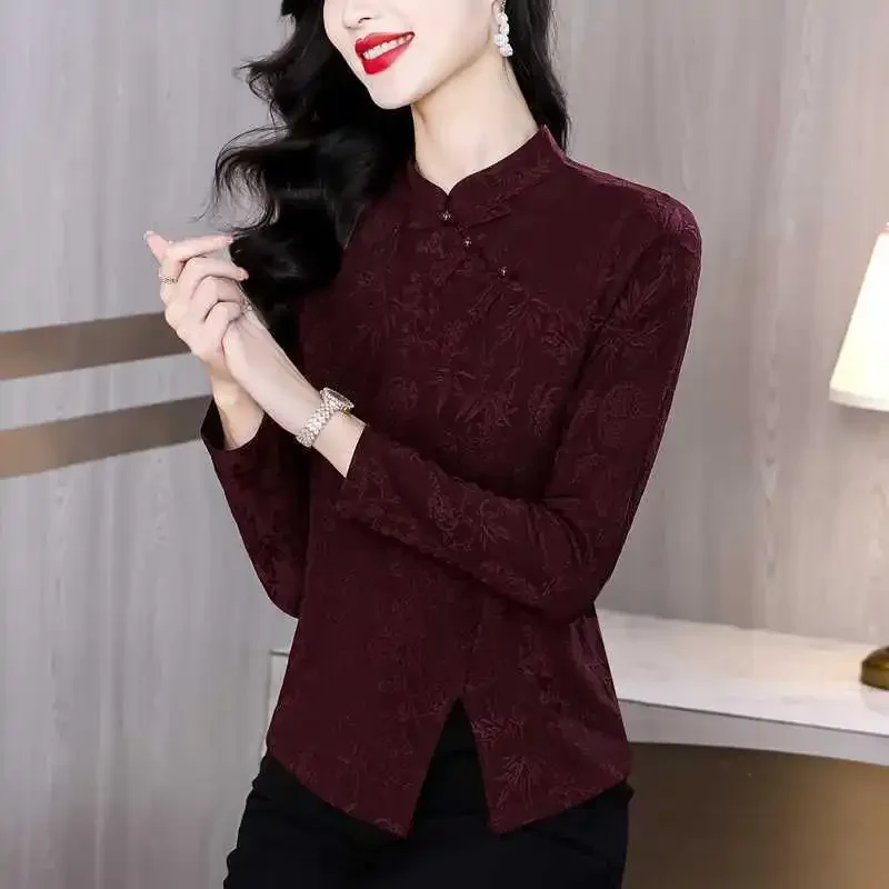 Button Female Fashionable Mother Outfit Encore Red Base Shirt Ethnic Style Retro