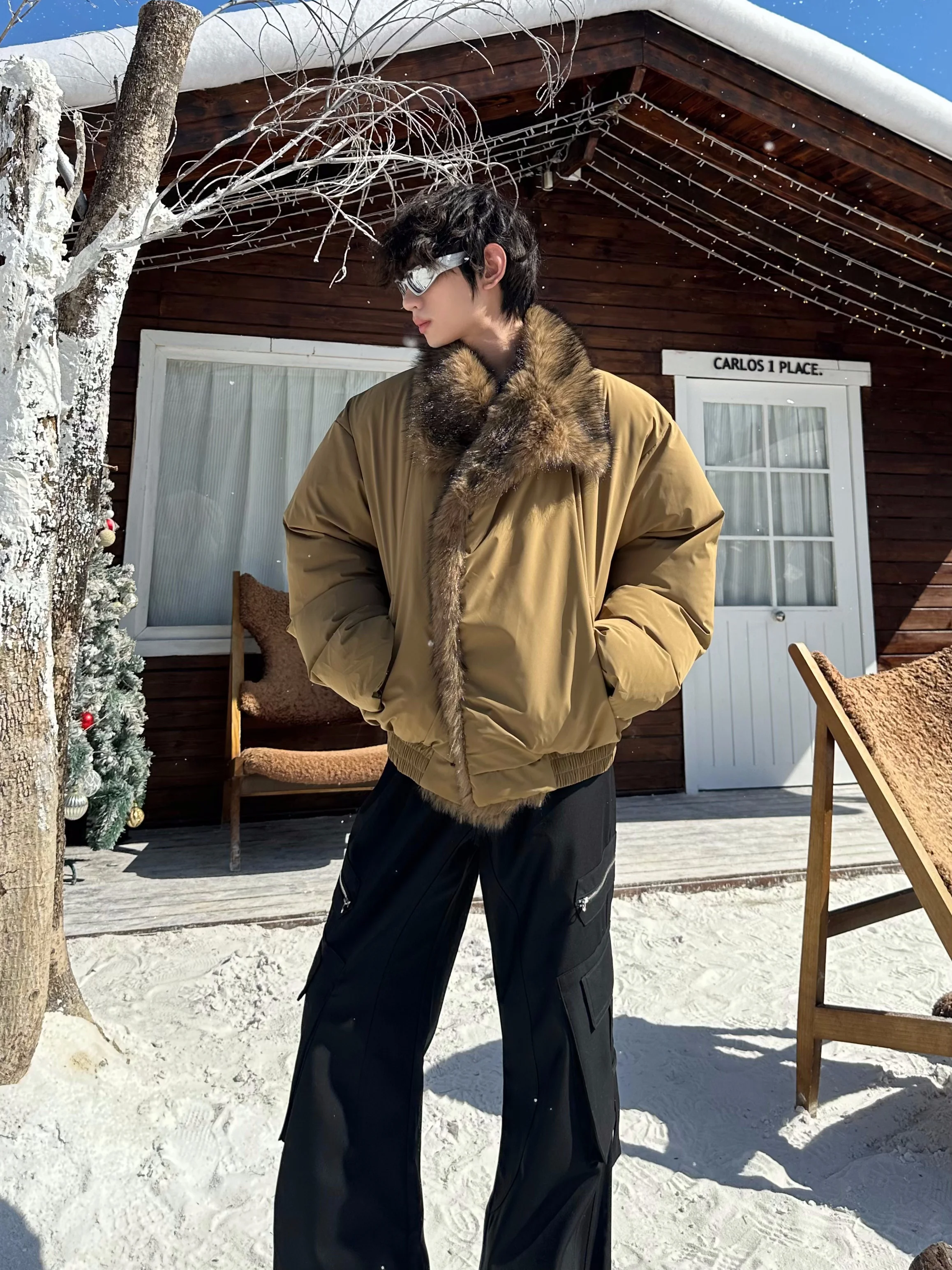 2025 Winter Warm Design Thickened Cotton Jacket with Large Fur Collar Fashionable Trendy Men's High-end Loose Faux Mink Fur Coat