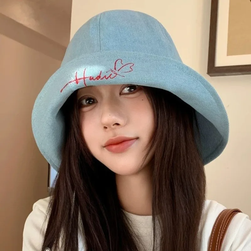 

Korean Style Denim Bucket Hat with Bow Tie Foldable Sun Protection Cap Y2K Fashion Fishing Hat for Girls Women