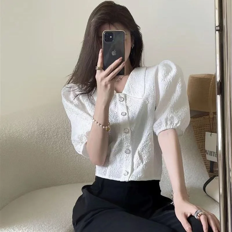 

Новая летняя женская шифоновая блузка с коротким рукавом-фонариком, ультра-сказочная, укороченная, для похудения, в стиле фейри