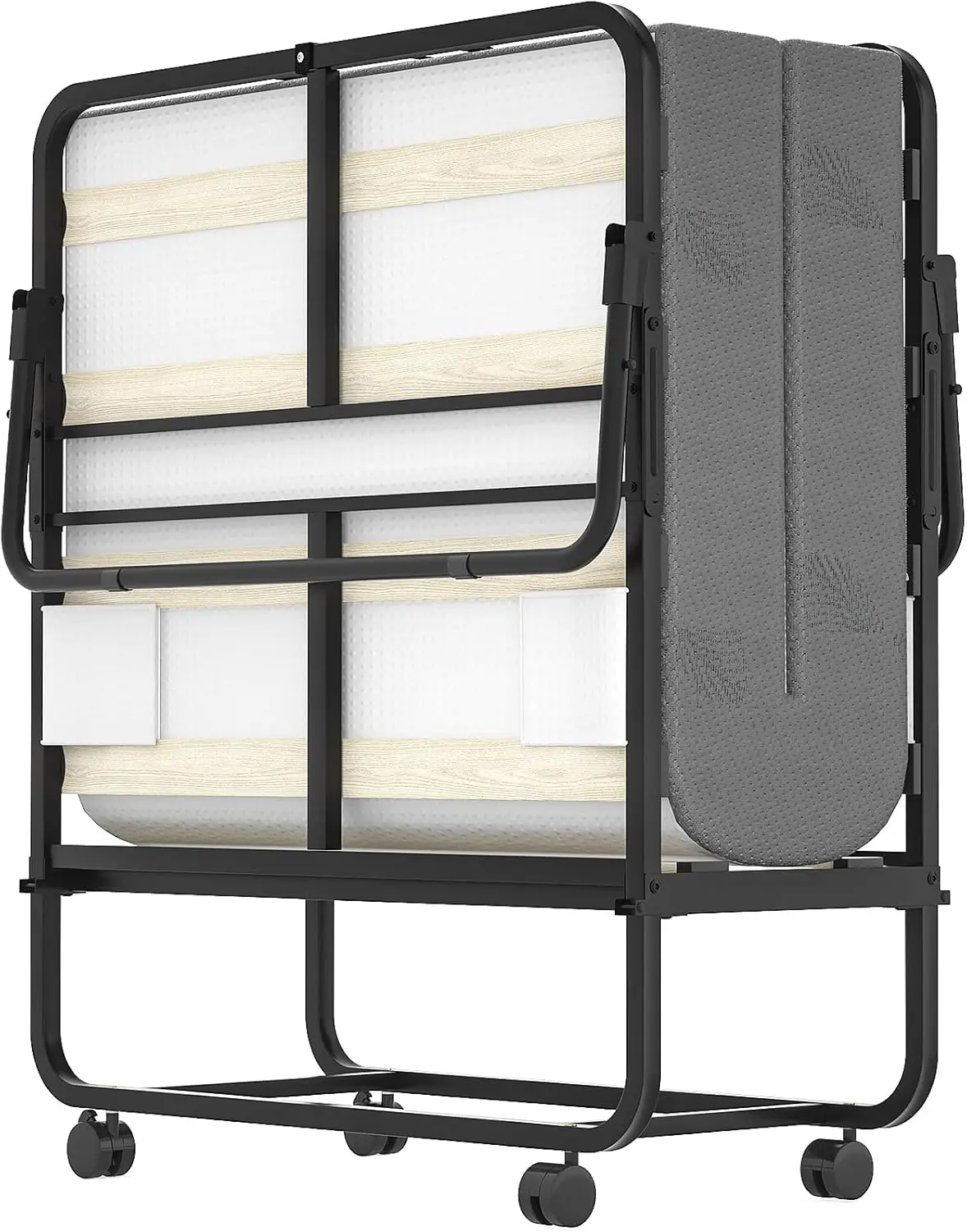 Folding Bed with Mattress, Portable Rollaway for Adults, Sturdy Folded Guest on Wheels, Space Saving Foldable with M