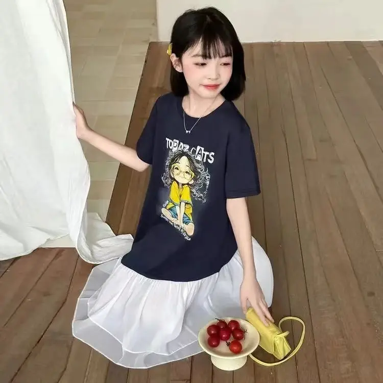 Girls Mesh Spliced Color-Block Princess Dress – T-Shirt Style Casual Summer Gown,Daily Wear & Party, Toddler Kids Outfit