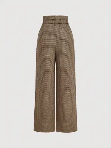Imagen 2 del producto Pantalones anchos a cuadros para mujer, pantalones casuales retro de cintura alta, pantalones estilo cargo con cinturón