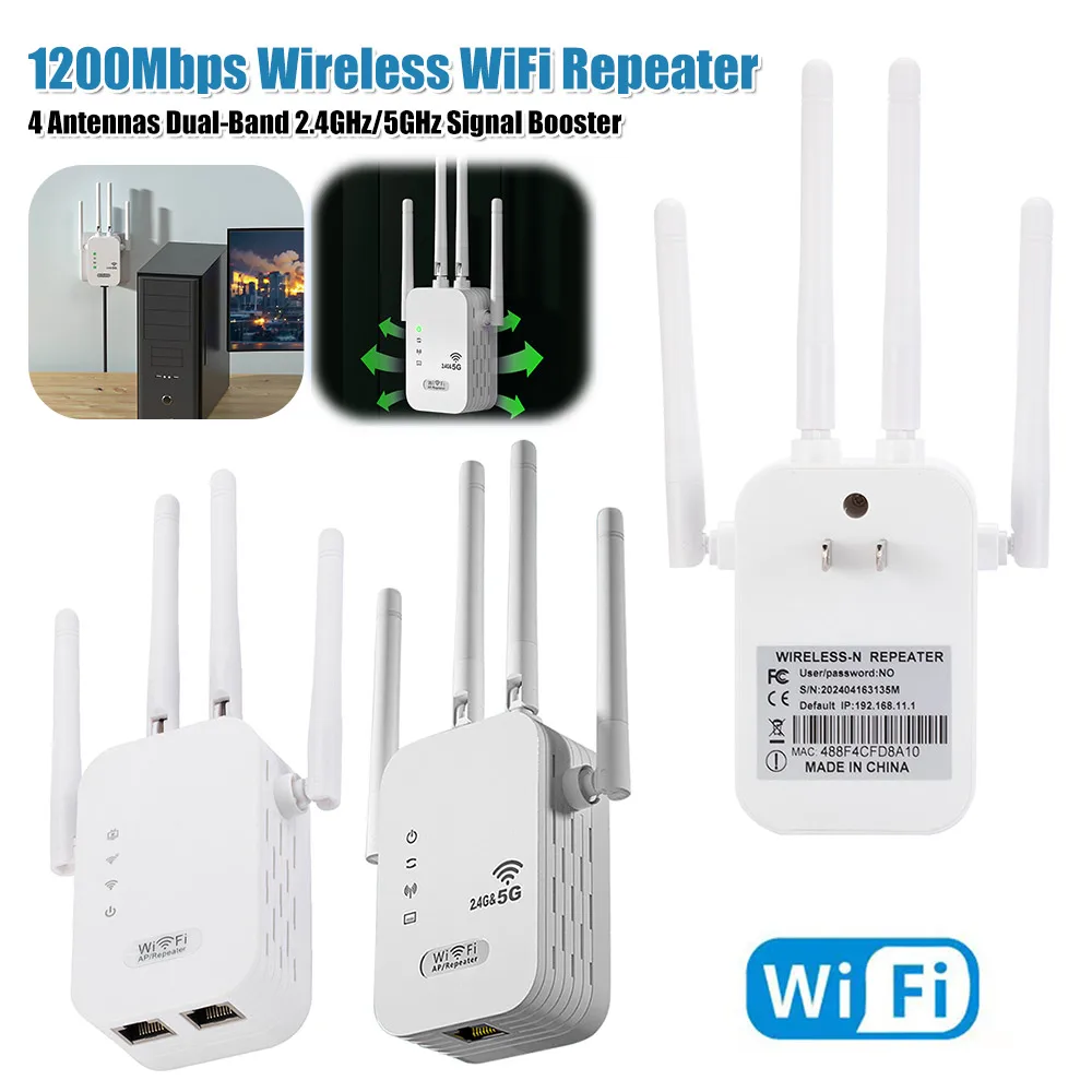 

1200Mbps Wireless WiFi Repeater with WAN/LAN Port Dual-Band 2.4GHz/5GHz WiFi Signal Amplifier 4 Antennas for Home Small Office