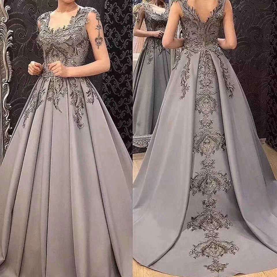 

2024 Elegant Gray A-Line Evening Dresses Women Formal Party Night Robe De Soiree Appliques Transparent Long Sleeves Prom Dress