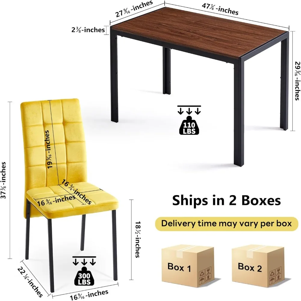 5-Piece Dining Table Set, 47 in Modern Rectangle Walnut Faux Wood Grain Kitchen Table & 4 High Back Yellow Velvet